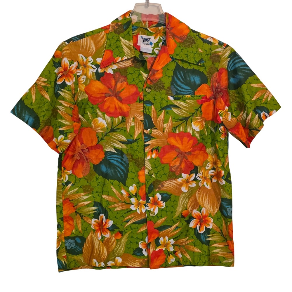 Men's Vintage Pacific Isle Hawaiian Aloha Shirt Orange Floral Green Size Medium
